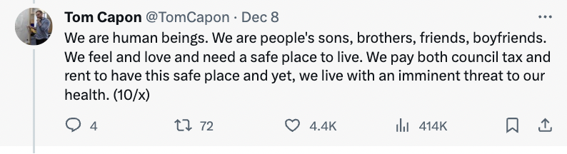 twitter about electricity - Tom Capon . Dec 8 We are human beings. We are people's sons, brothers, friends, boyfriends. We feel and love and need a safe place to live. We pay both council tax and rent to have this safe place and yet, we live with an immin