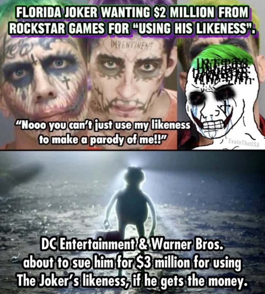 head - Florida Joker Wanting $2 Million From Rockstar Games For "Using His ness". Impentinent "Nooo you can't just use my ness to make a parody of me!!" # Evain The Usa Dc Entertainment & Warner Bros. about to sue him for $3 million for using The Joker's 