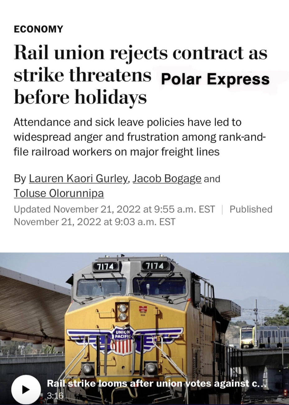 vehicle - Economy Rail union rejects contract as strike threatens Polar Express before holidays Attendance and sick leave policies have led to widespread anger and frustration among rankand file railroad workers on major freight lines By Lauren Kaori Gurl
