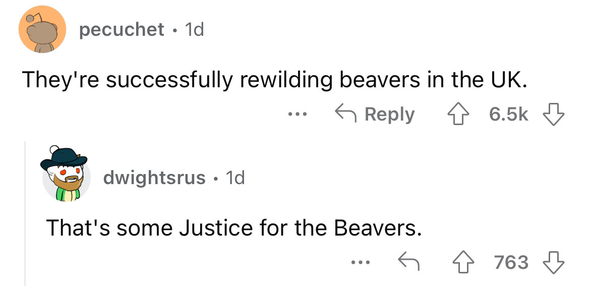 angle - pecuchet 1d They're successfully rewilding beavers in the Uk. dwightsrus 1d That's some Justice for the Beavers. ... 763