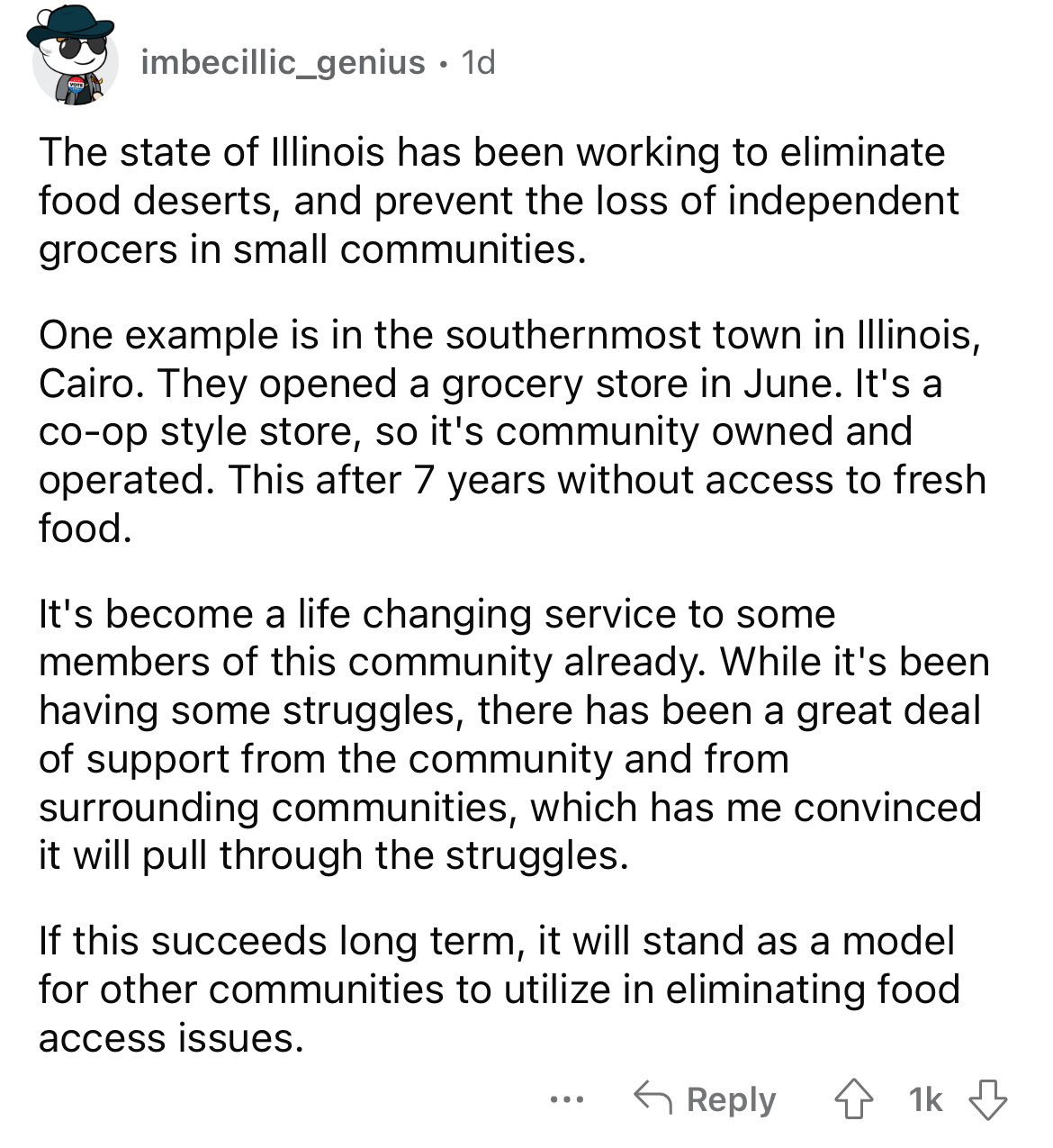 angle - imbecillic_genius. 1d The state of Illinois has been working to eliminate food deserts, and prevent the loss of independent grocers in small communities. One example is in the southernmost town in Illinois, Cairo. They opened a grocery store in Ju