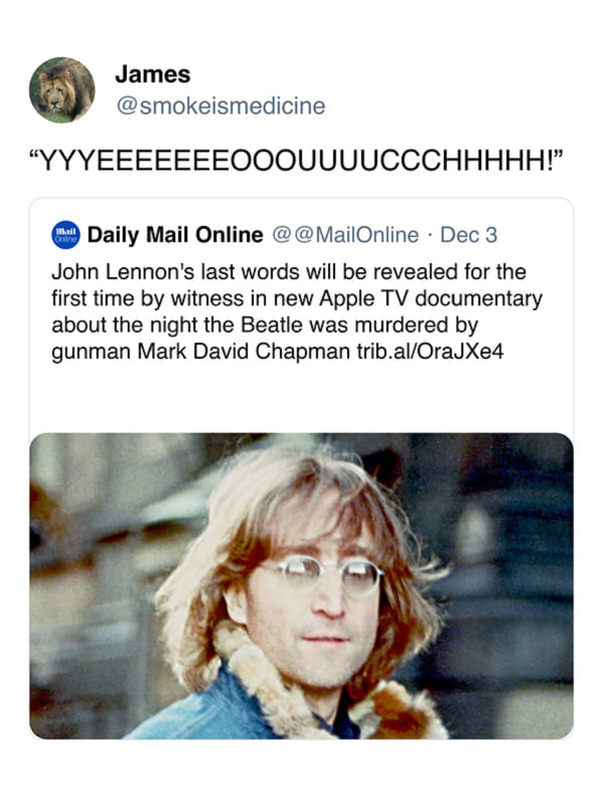 john lennon no dakota - James "Yyyeeeeeeeooouuuuccchhhhh!" Mail Online Daily Mail Online @ Dec 3 John Lennon's last words will be revealed for the first time by witness in new Apple Tv documentary about the night the Beatle was murdered by gunman Mark Dav