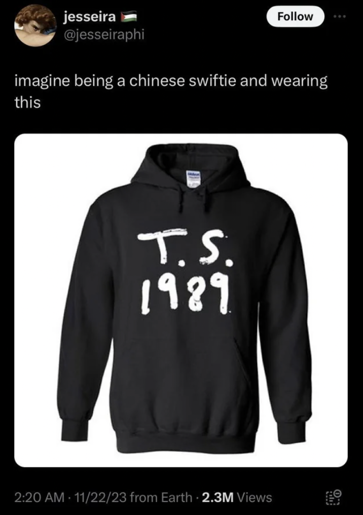 chinese swiftie ts 1989 - jesseira imagine being a chinese swiftie and wearing this T.S. 1989 112223 from Earth 2.3M Views