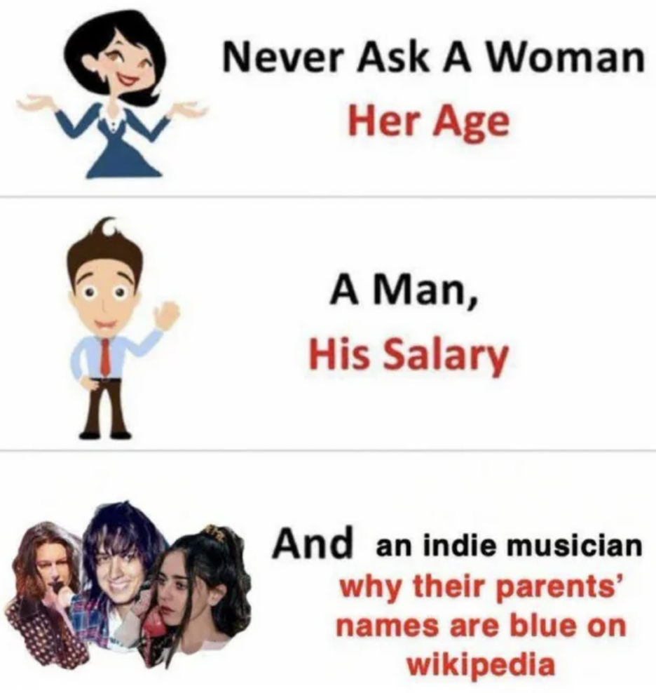 never ask an indie musician why their parents names are blue on wikipedia - A Never Ask A Woman Her Age A Man, His Salary And an indie musician why their parents' names are blue on wikipedia