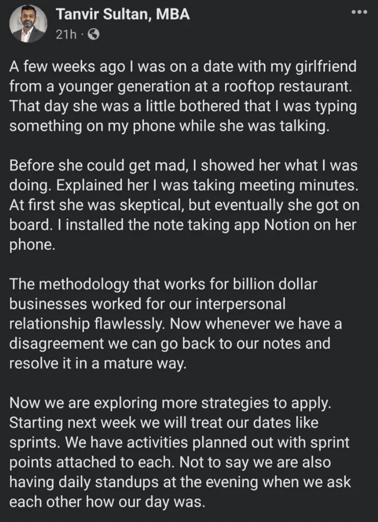 screenshot - Tanvir Sultan, Mba 21h A few weeks ago I was on a date with my girlfriend from a younger generation at a rooftop restaurant. That day she was a little bothered that I was typing something on my phone while she was talking. Before she could ge