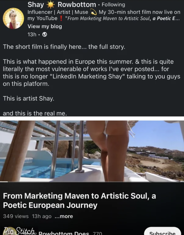 water - ing Shay Rowbottom. Influencer | Artist | Muse My 30min short film now live on my YouTube! "From Marketing Maven to Artistic Soul, a Poetic E... View my blog 13h. The short film is finally here... the full story. This is what happened in Europe th