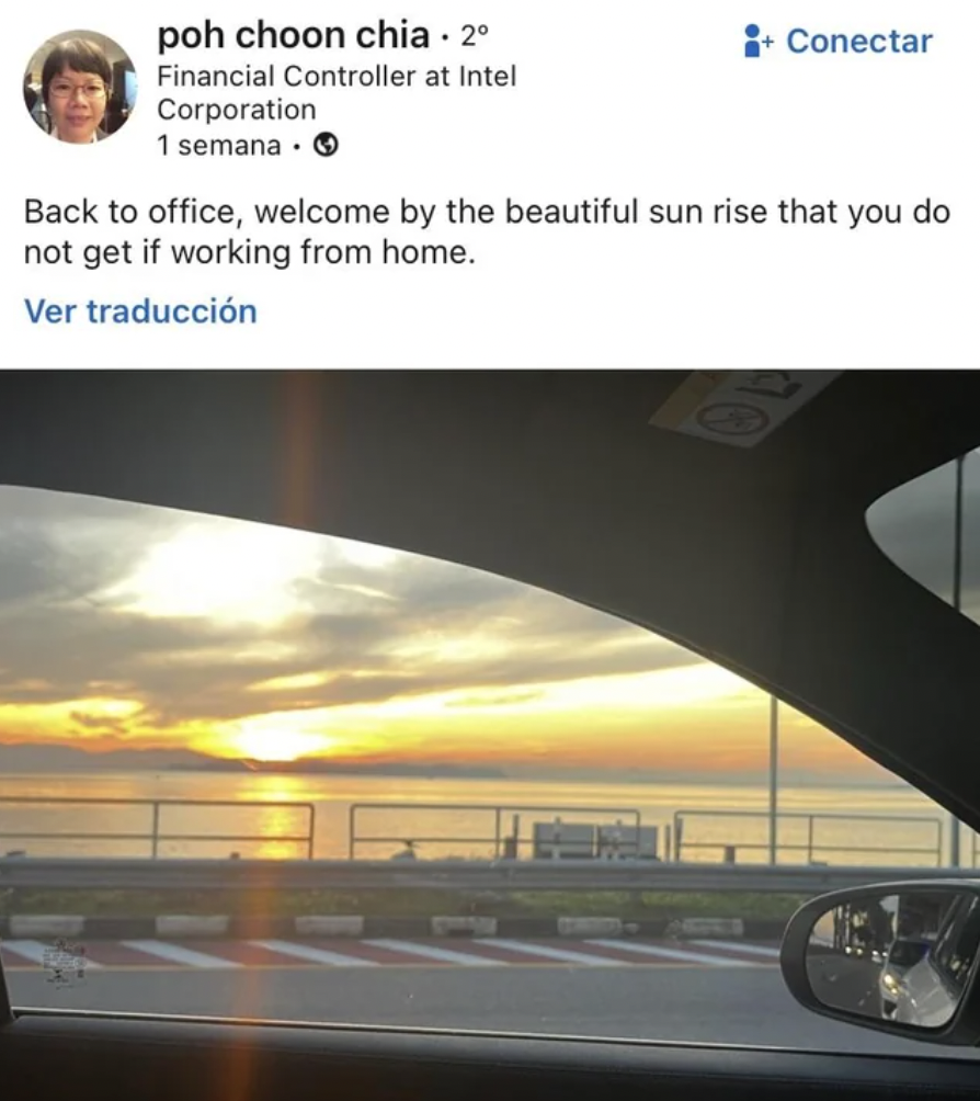 architecture - poh choon chia. 2 Financial Controller at Intel Corporation 1 semana. Conectar Back to office, welcome by the beautiful sun rise that you do not get if working from home. Ver traduccin