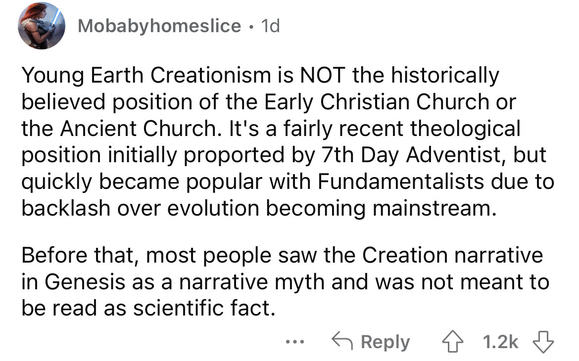 angle - Mobabyhomeslice 1d. Young Earth Creationism is Not the historically believed position of the Early Christian Church or the Ancient Church. It's a fairly recent theological position initially proported by 7th Day Adventist, but quickly became popul