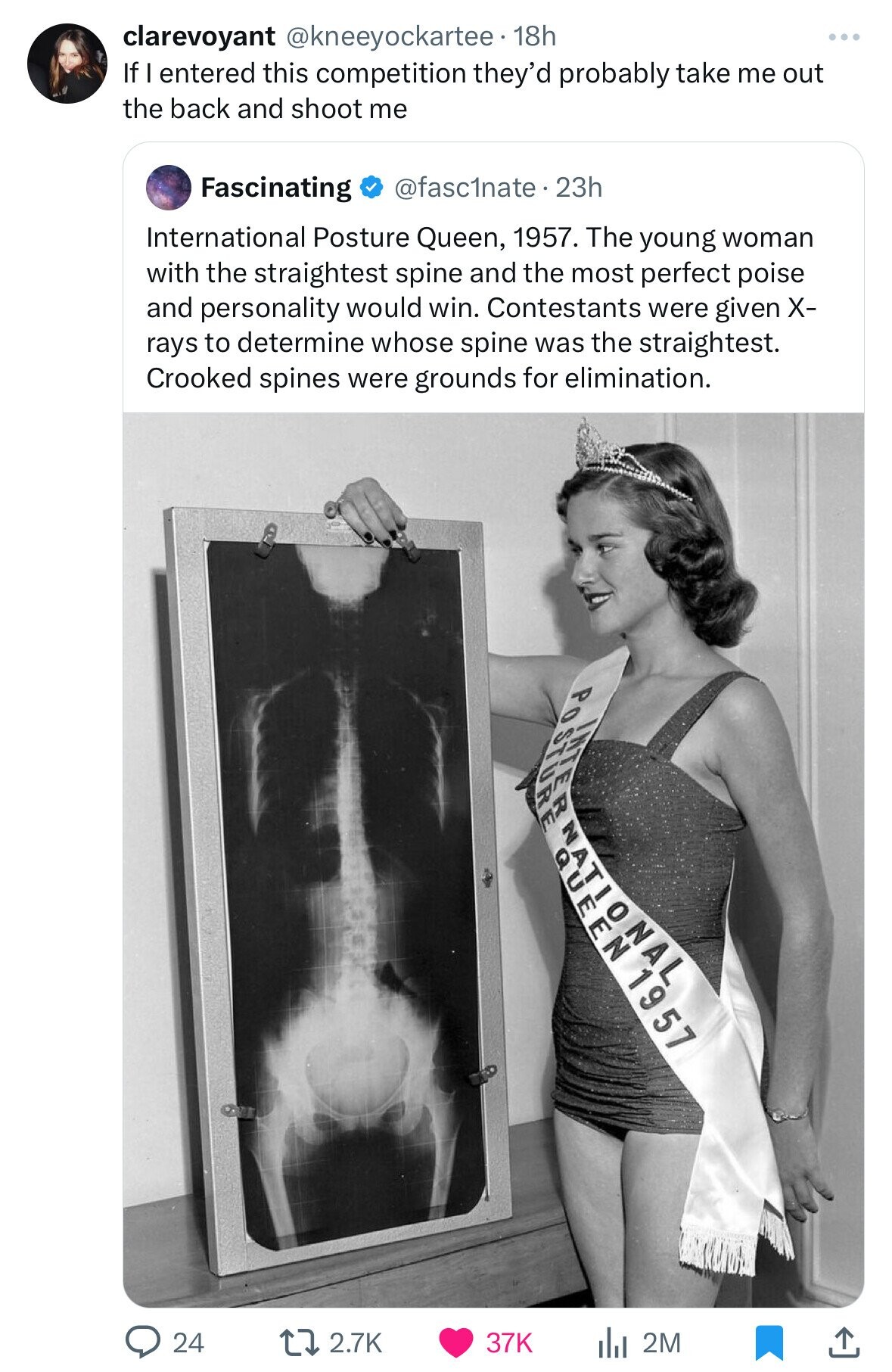60s pageant queen - S clarevoyant 18h If I entered this competition they'd probably take me out the back and shoot me Fascinating 23h International Posture Queen, 1957. The young woman with the straightest spine and the most perfect poise and personality 