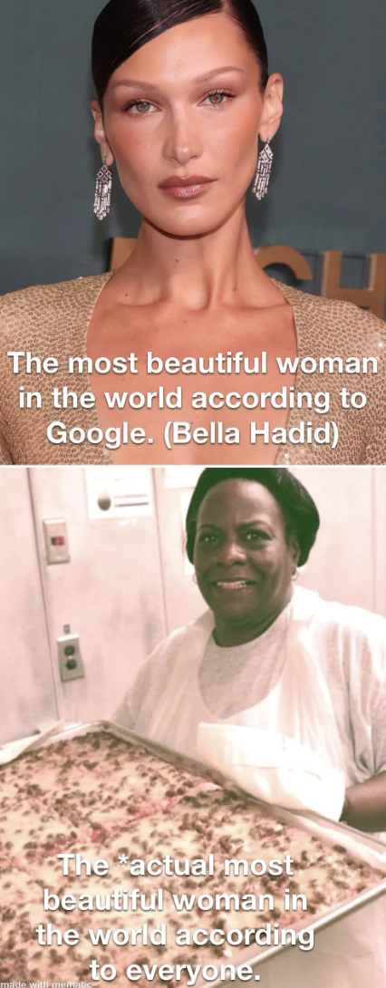 head - The most beautiful woman in the world according to Google. Bella Hadid The actual most beautiful woman in the world according to everyone.
