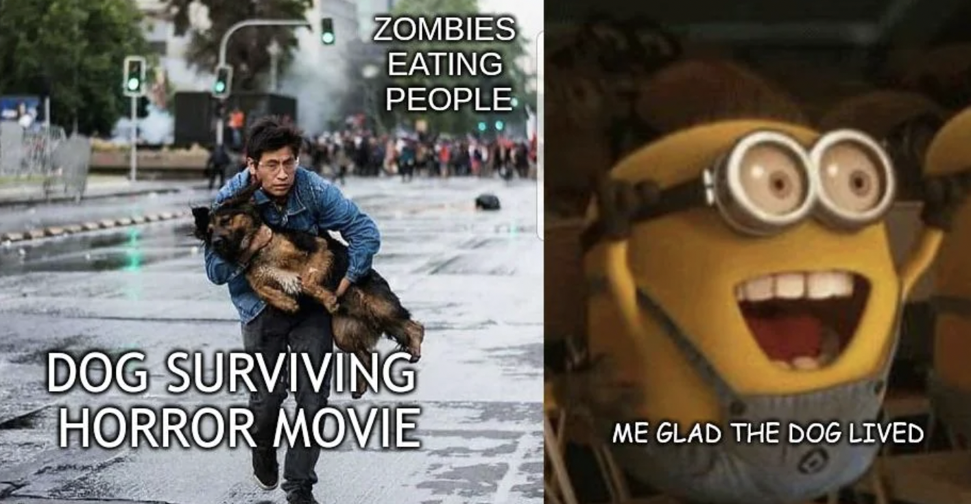 hooray gif funny - Zombies Eating People Dog Surviving Horror Movie 80 Me Glad The Dog Lived