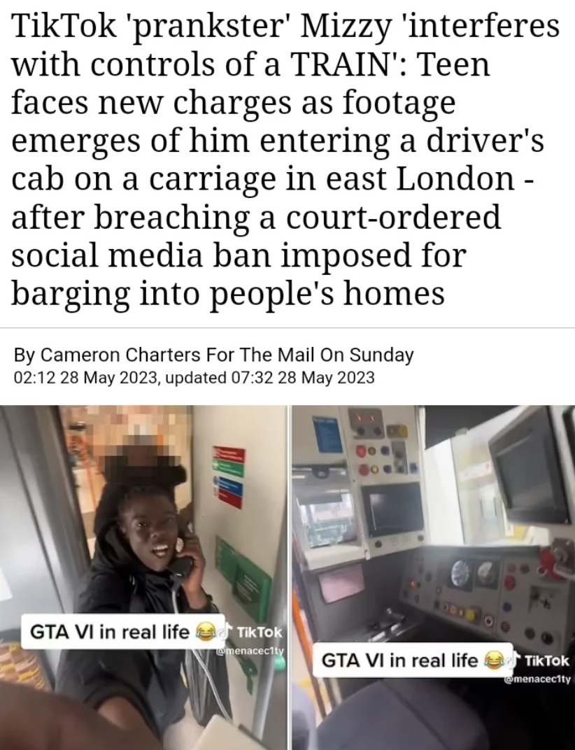 tik tok mizzy train - TikTok 'prankster' Mizzy 'interferes with controls of a Train' Teen faces new charges as footage emerges of him entering a driver's cab on a carriage in east London after breaching a courtordered social media ban imposed for barging 