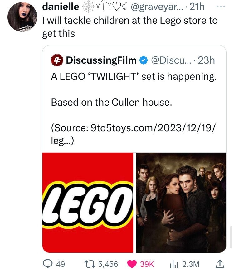 legoland new york resort - danielle Toc .... 21h I will tackle children at the Lego store to get this DiscussingFilm ... 23h A Lego 'Twilight' set is happening. Based on the Cullen house. Source 9to5toys.com leg... Lego 49 t 5, l 2.3M