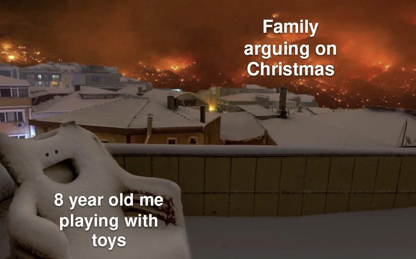 life falling apart meme gif - 8 year old me playing with toys Family arguing on Christmas
