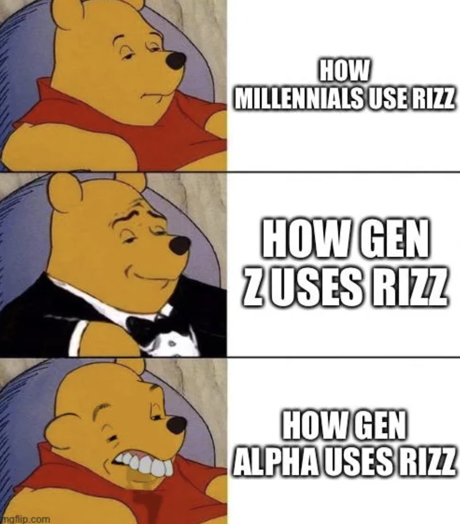 comics - mgflip.com How Millennials Use Rizz How Gen Zuses Rizz How Gen Alpha Uses Rizz