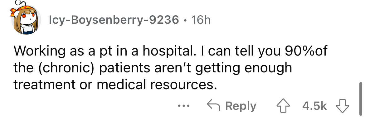 bdc - IcyBoysenberry9236 16h Working as a pt in a hospital. I can tell you 90%of the chronic patients aren't getting enough treatment or medical resources.