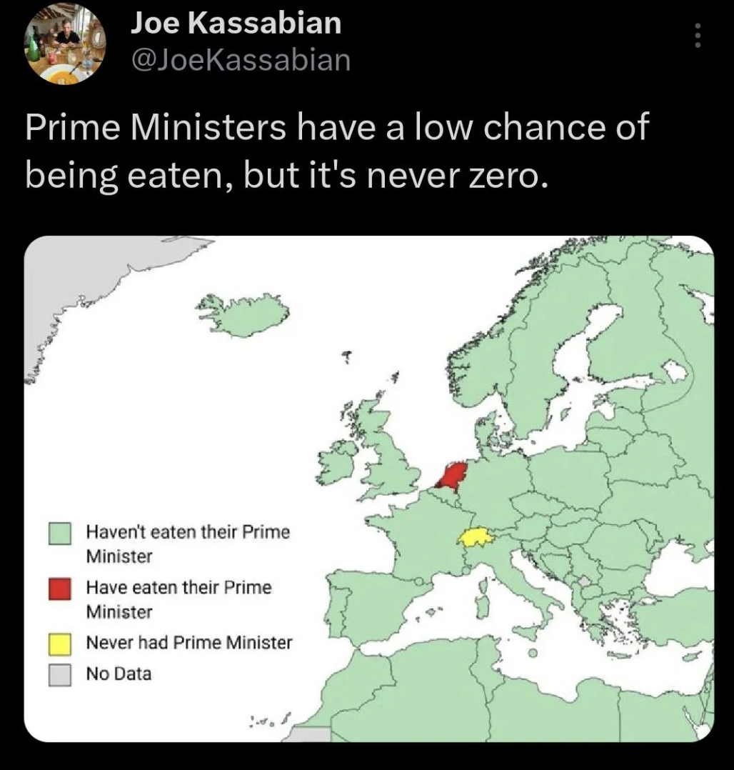 map of countries that have eaten their prime minister - Joe Kassabian Prime Ministers have a low chance of being eaten, but it's never zero. Haven't eaten their Prime Minister Have eaten their Prime Minister Never had Prime Minister No Data