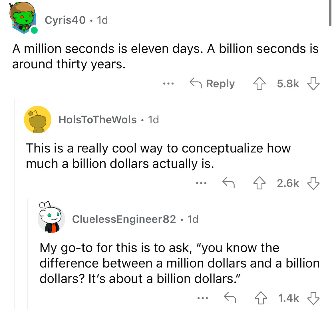 angle - Cyris40 1d A million seconds is eleven days. A billion seconds is around thirty years. 4 HolsToTheWols 1d ... This is a really cool way to conceptualize how much a billion dollars actually is. ... 4 Clueless Engineer82 1d My goto for this is to as