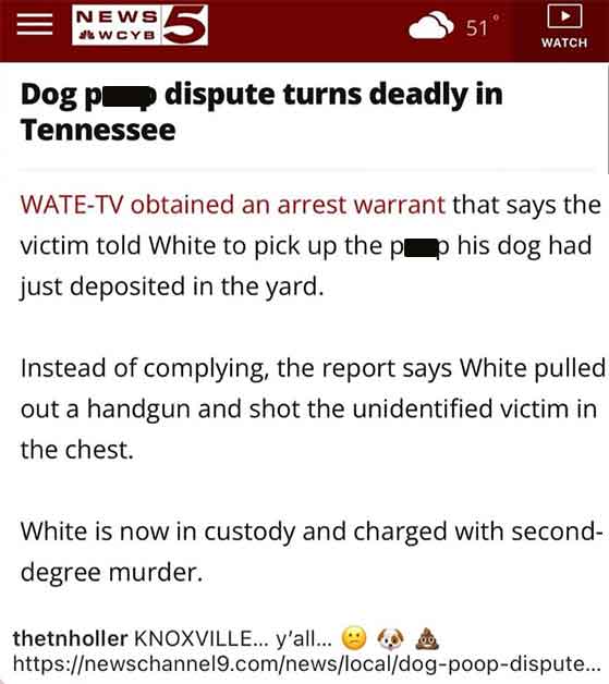 document - 15 News Wcyb 51 Dog p dispute turns deadly in Tennessee Watch WateTv obtained an arrest warrant that says the victim told White to pick up the p p his dog had just deposited in the yard. Instead of complying, the report says White pulled out a 