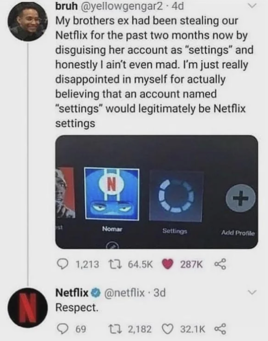 netflix user as settings meme - bruh 4d My brothers ex had been stealing our Netflix for the past two months now by disguising her account as "settings" and honestly I ain't even mad. I'm just really disappointed in myself for actually believing that an a