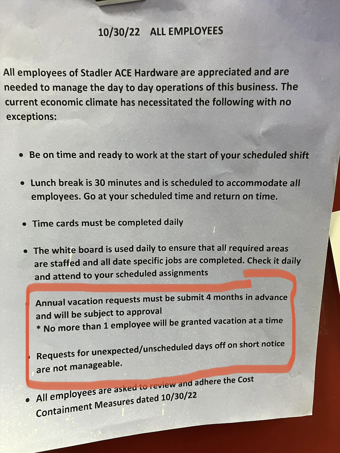 document - 103022 All Employees All employees of Stadler Ace Hardware are appreciated and are needed to manage the day to day operations of this business. The current economic climate has necessitated the ing with no exceptions Be on time and ready to wor