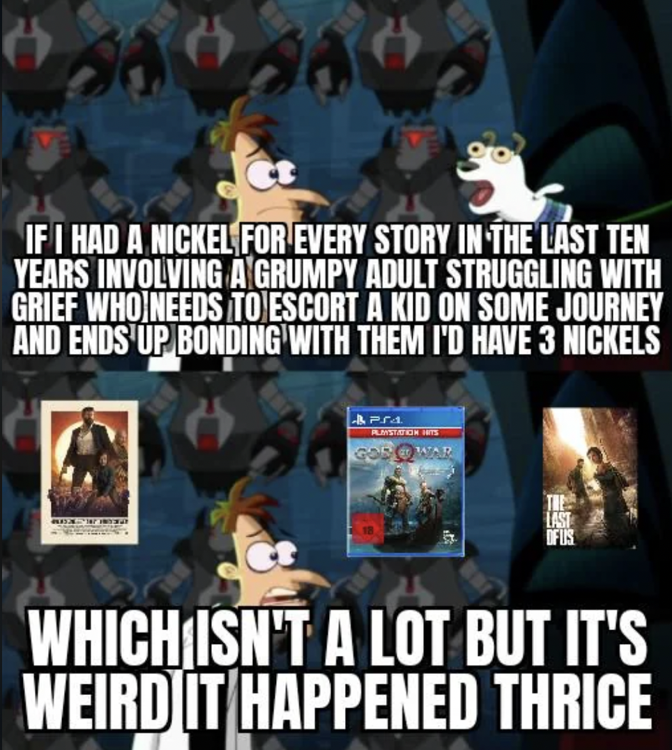 cartoon - If I Had A Nickel For Every Story In The Last Ten Years Involving A Grumpy Adult Struggling With Grief Who Needs To Escort A Kid On Some Journey And Ends Up Bonding With Them I'D Have 3 Nickels Apsa Kasege Im 54 Which Isn'T A Lot But It'S Weird 