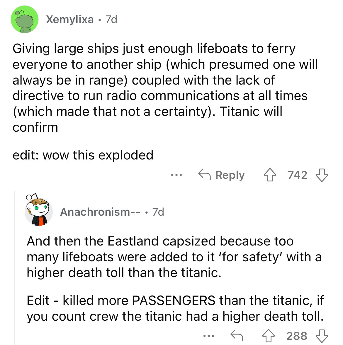 Xemylixa. 7d Giving large ships just enough lifeboats to ferry everyone to another ship which presumed one will always be in range coupled with the lack of directive to run radio communications at all times which made that not a certainty. Titanic will…