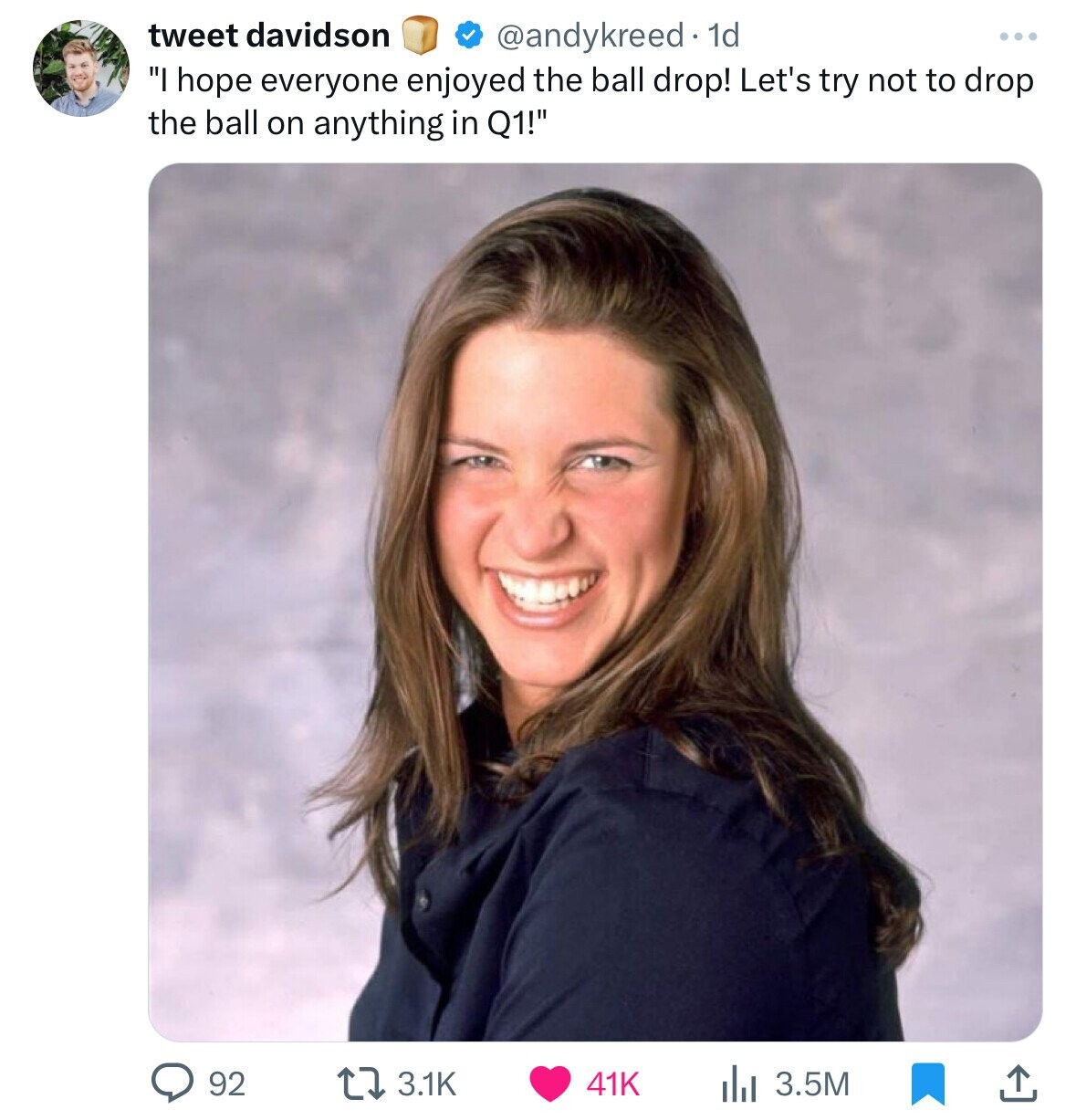 stephanie mcmahon smile meme - tweet davidson 1d "I hope everyone enjoyed the ball drop! Let's try not to drop the ball on anything in Q1!" 92 41K 3.5M ...