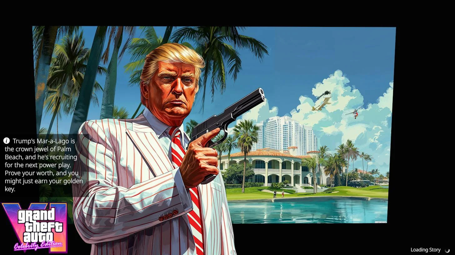 midjourney AI generated GTA VI loading screens -  vice city - Trump's MaraLago is the crown jewel of Palm Beach, and he's recruiting for the next power play. Prove your worth, and you might just earn your golden key. grand theft auto Celebrity Colition a 