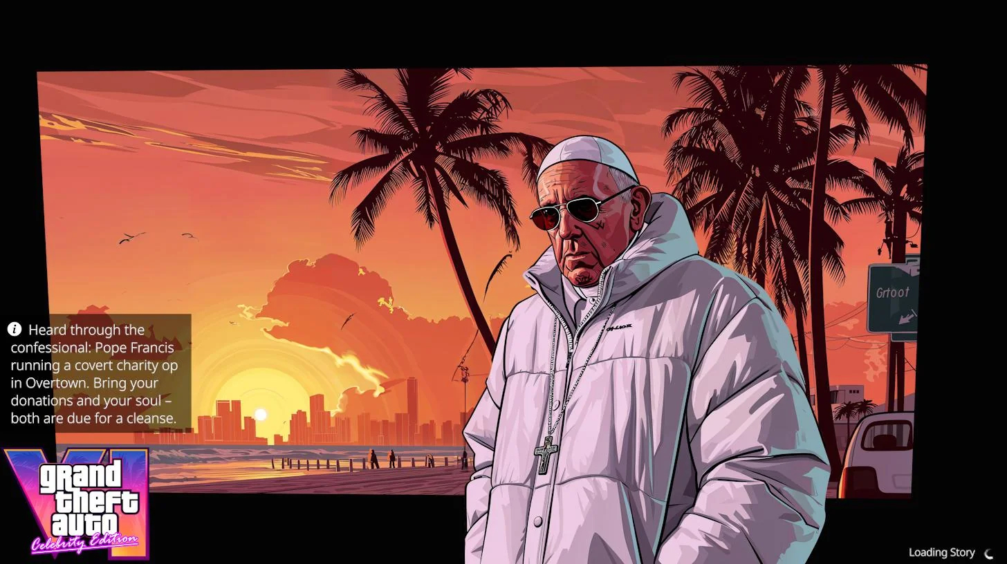 midjourney AI generated GTA VI loading screens -  poster - Heard through the confessional Pope Francis running a covert charity op in Overtown. Bring your donations and your soul both are due for a cleanse. grand theft auto Celebrity Confron Groot Loading