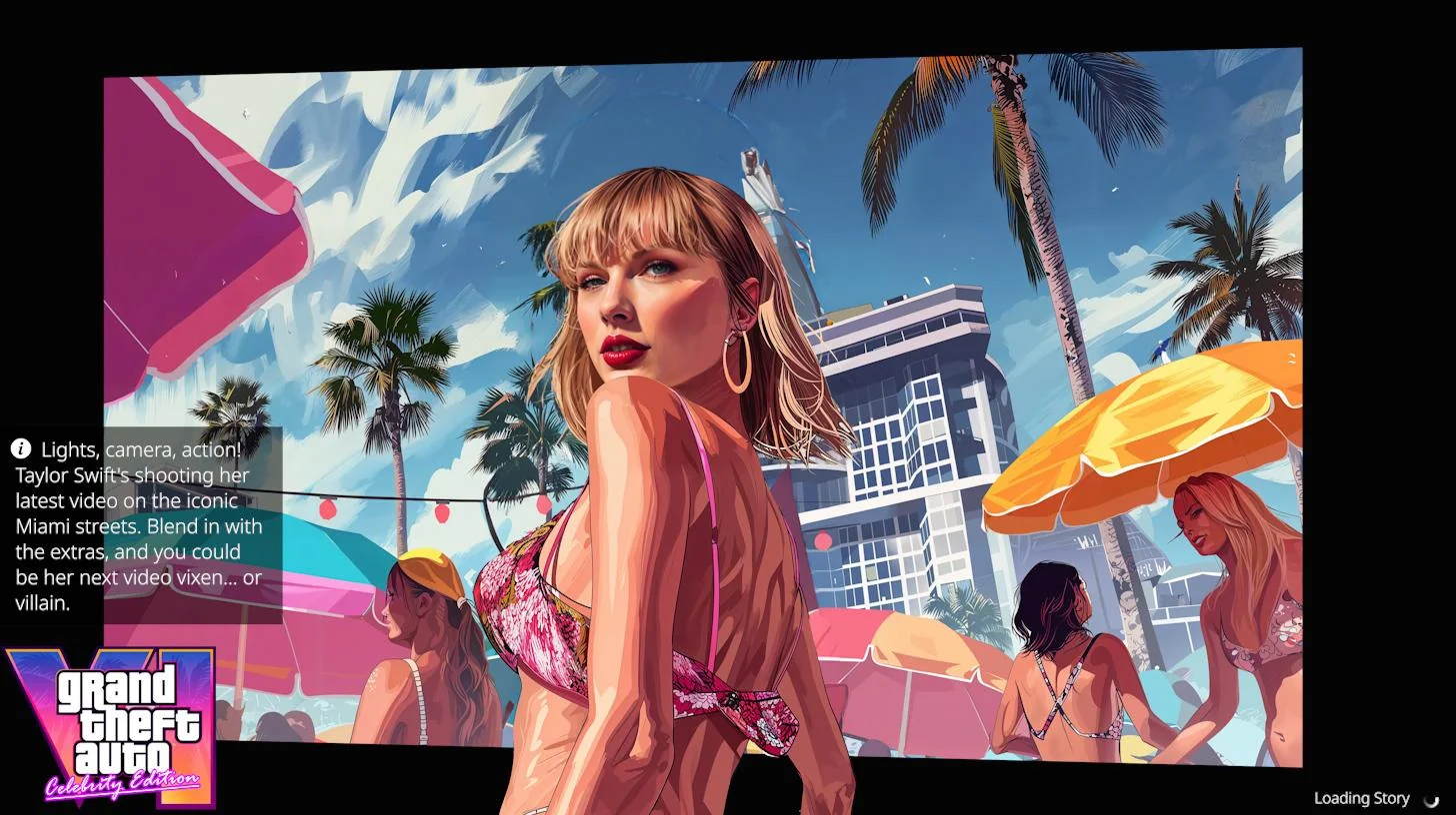 midjourney AI generated GTA VI loading screens -  girl - Lights, camera, action Taylor Swift's shooting her latest video on the iconic i streets, Blend with the extras, and you could be her next vided vixen... or villain. grand theft auto Celebrity Coliti