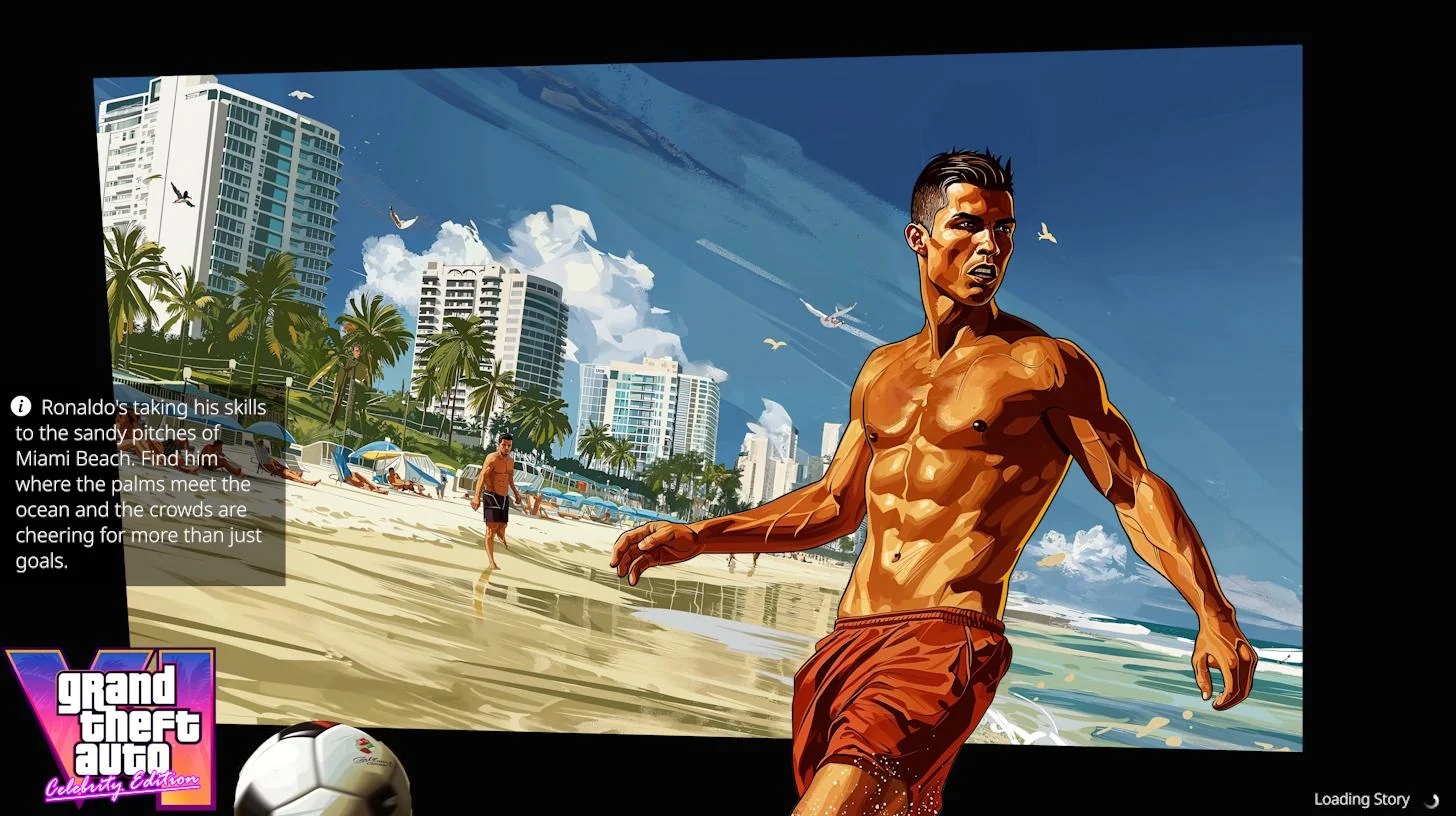 midjourney AI generated GTA VI loading screens -  muscle - Ronaldo's taking his skills to the sandy pitches of Miami Beach, Find him where the paims meet the ocean and the crowds are cheering for more than just goals. grand theft auto Celebrity Celfrom Lo