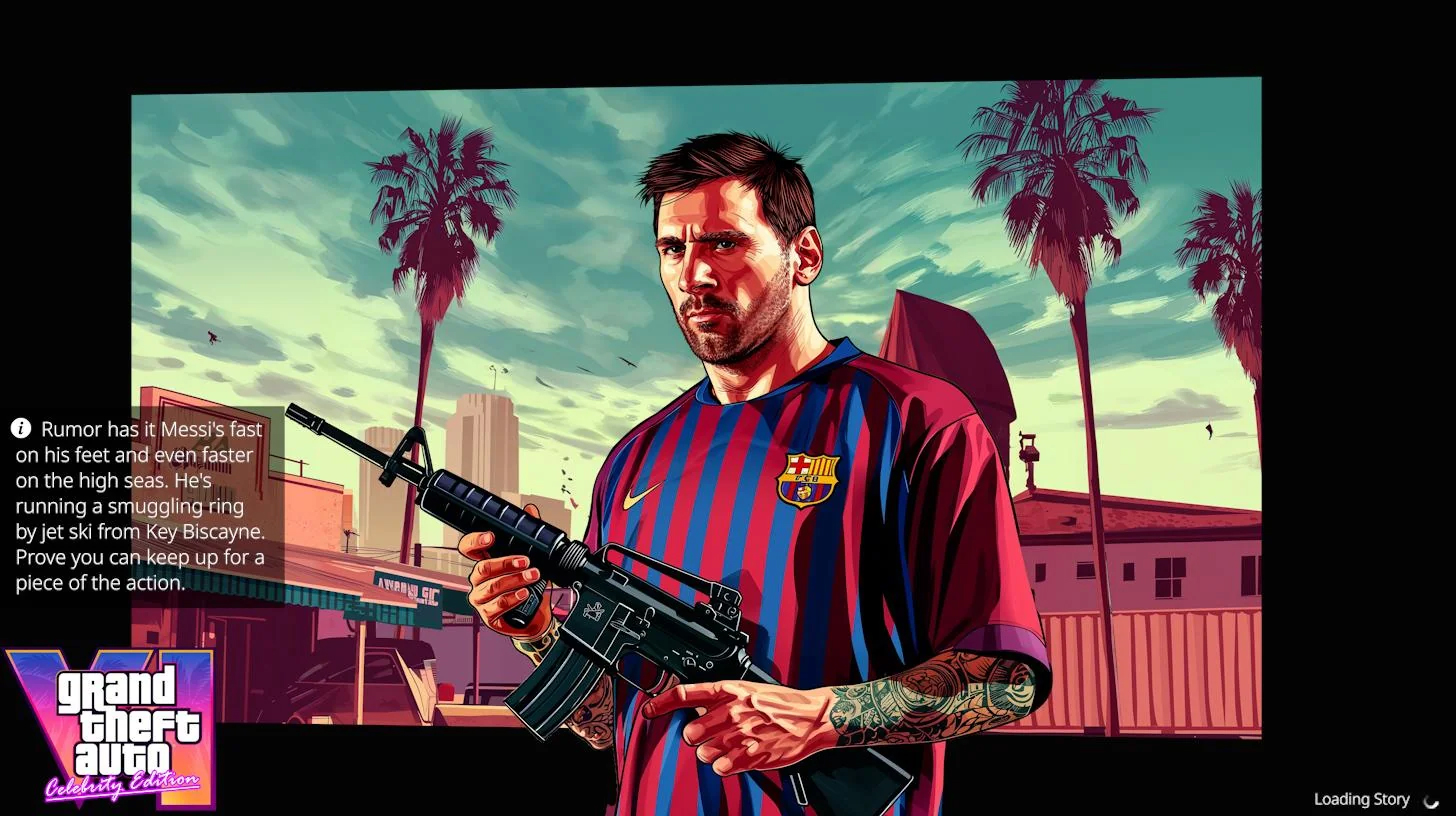midjourney AI generated GTA VI loading screens -  guitarist - Rumor has it Messi's fast on his feet and even faster on the high seas. He's running a smuggling ring by jet ski from Key Biscayne. Prove you can keep up for a piece of the action. grand theft 