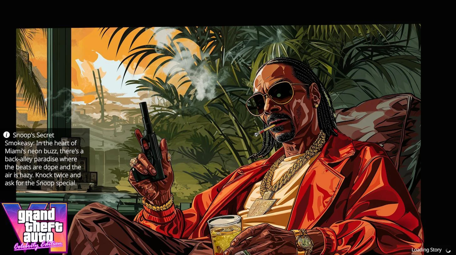 midjourney AI generated GTA VI loading screens -  art - Snoop's Secret Smokeasy Miam's neon buzz, there's a backalley paradise where the beats are dope and the air is hazy. Knock twice and ask for the Snoop special. In the heart of grand theft auto Celebr