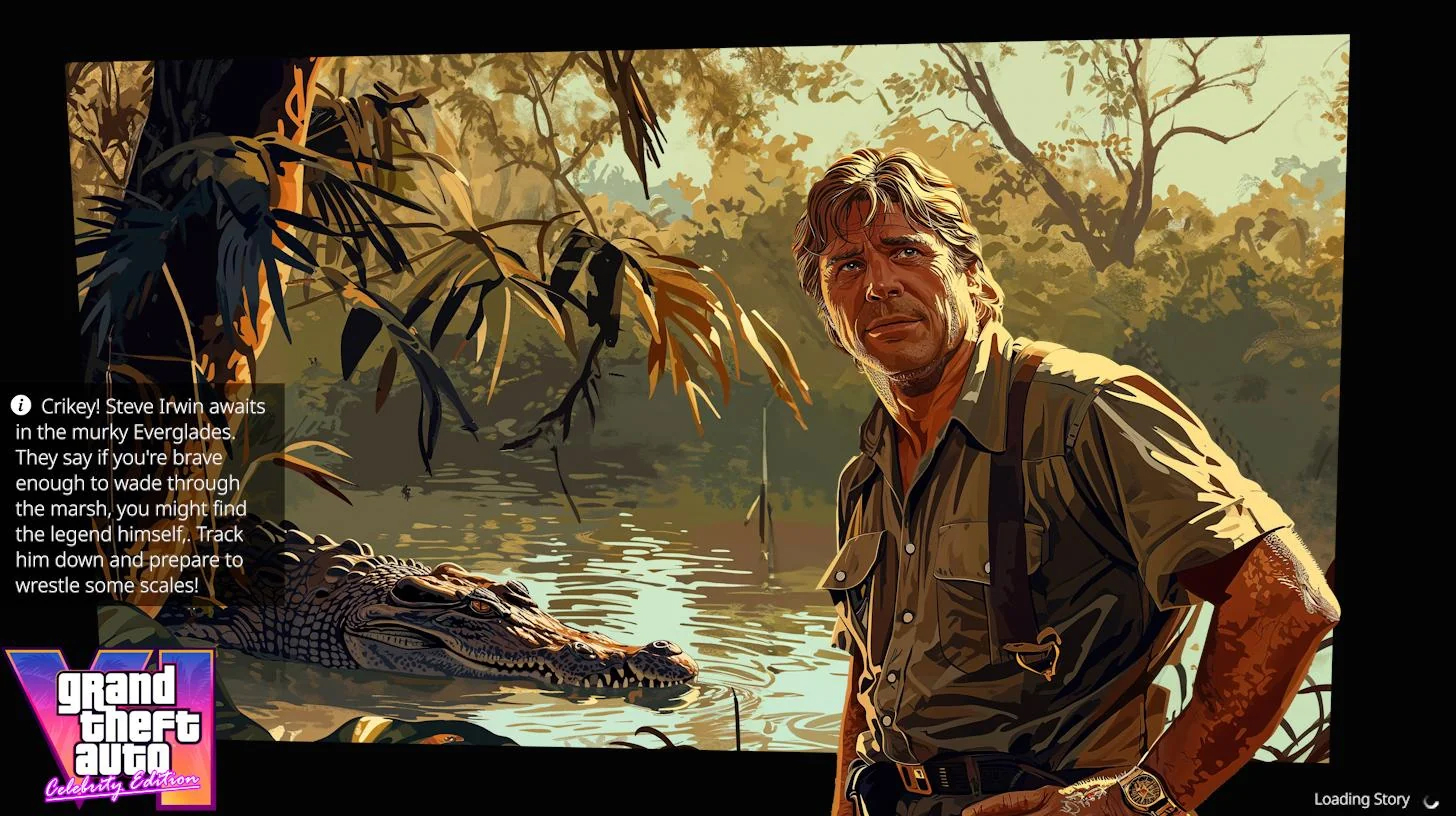 midjourney AI generated GTA VI loading screens -  screenshot - Crikey! Steve Irwin awaits in the murky Everglades They say if you're brave enough to wade through the marsh, you might find the legend himself, Track him down and prepare to wrestle some scal