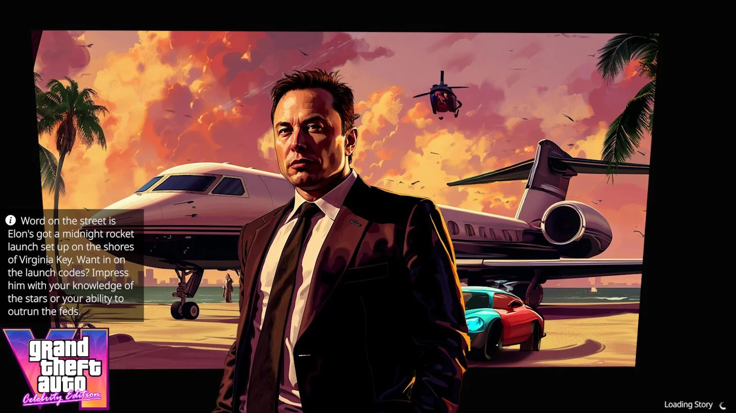 midjourney AI generated GTA VI loading screens -  pc game - Word on the street is Elon's got a midnight rocket launch set up on the shores of Virginia Key. Want in on the launch codes? Impress him with your knowledge of the stars or your ability to outrun