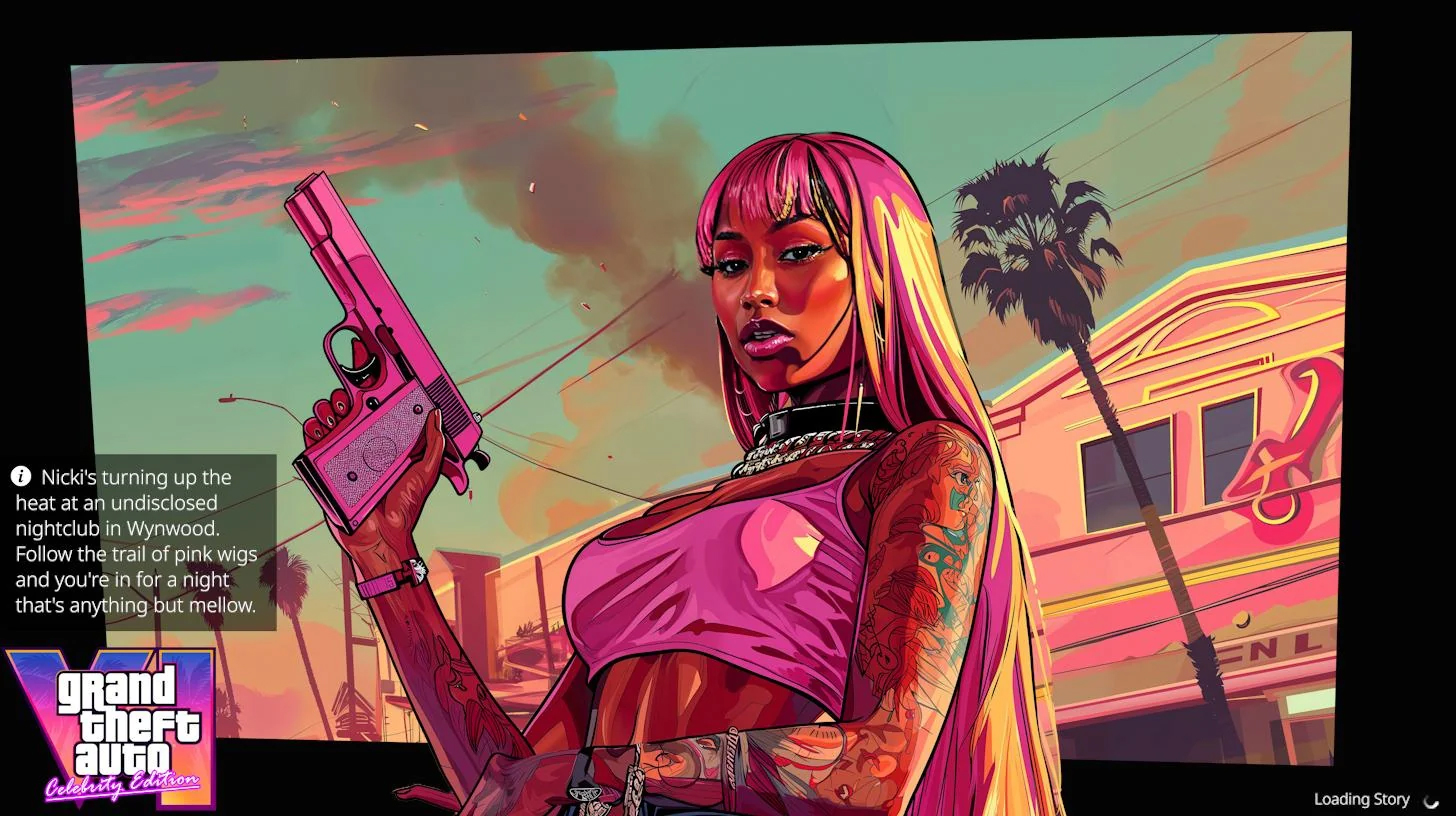 midjourney AI generated GTA VI loading screens -  fictional character - Nick's turning up the heat at an undisclosed nightclub in Wynwood. the trail of pink wigs and you're in for a night that's anything but mellow. grand theft auto Celebrity Contron Load