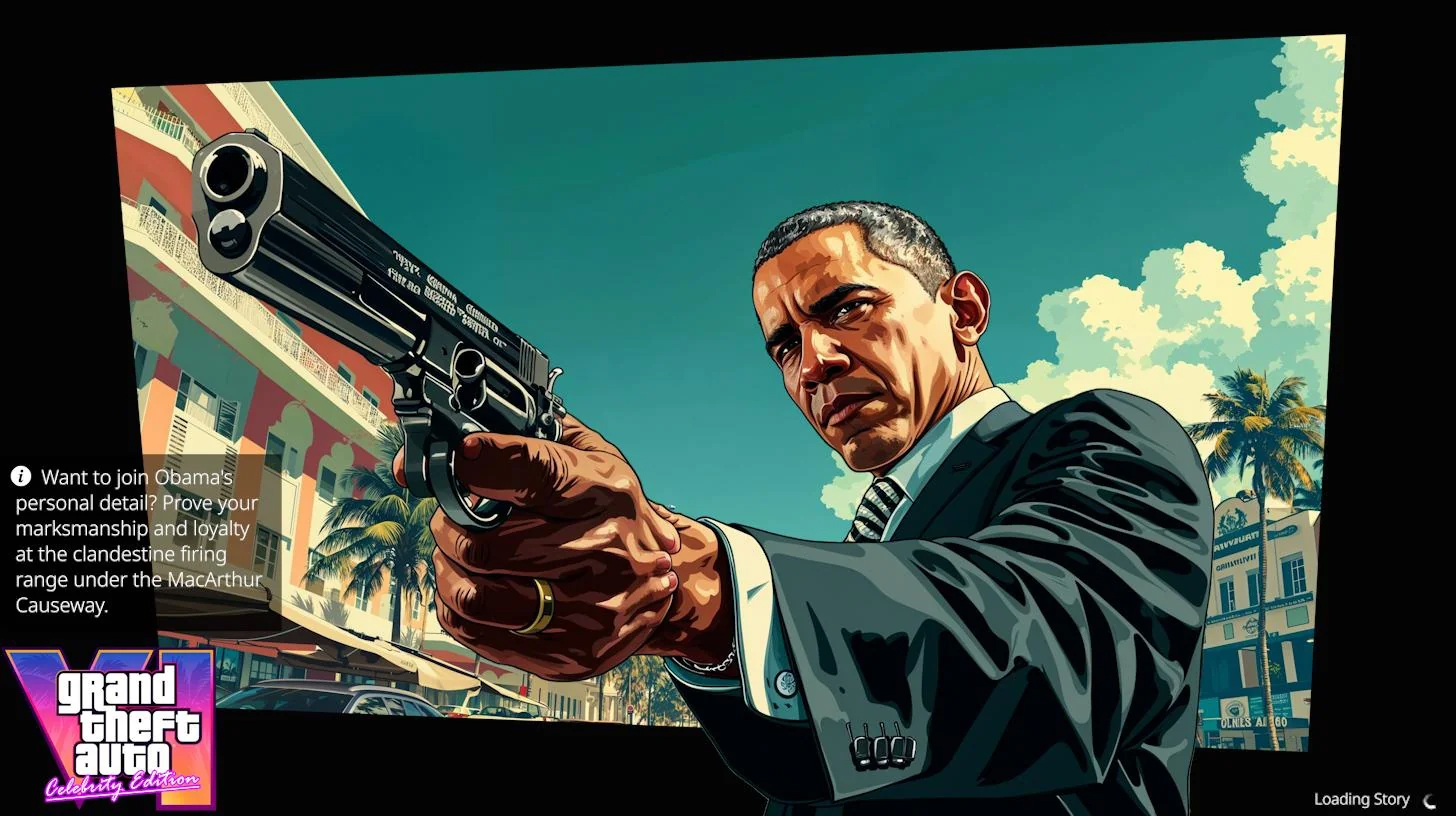 midjourney AI generated GTA VI loading screens -  fictional character - Want to join Obama's personal detail? Prove your marksmanship and loyalty at the clandestine firing range under the MacArthur Causeway grand theft auto Celebrity Califron Martin Kold 