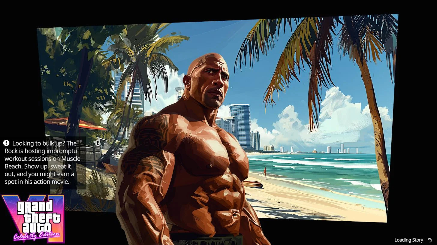 midjourney AI generated GTA VI loading screens -  muscle - Looking to bulk up? The" Rock is hosting impromptu workout sessions on Muscle Beach. Show up, sweat it out, and you might earn a spot in his action movie. grand theft auto Celebrity Cetition Loadi