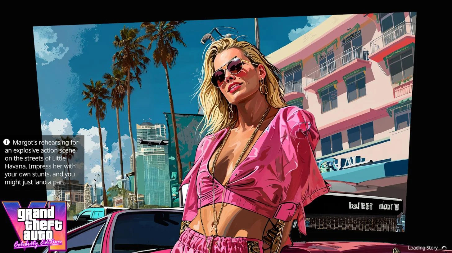 midjourney AI generated GTA VI loading screens -  girl - Margot's rehearsing for an explosive action scene on the streets of Little Havana. Impress her with your own stunts, and you might just land a part. grand theft auto Celebrity Colition Salind Rall h