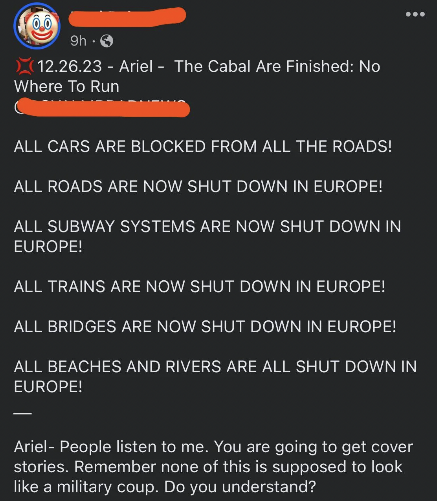 screenshot - 9h 12.26.23 Ariel The Cabal Are Finished No Where To Run All Cars Are Blocked From All The Roads! All Roads Are Now Shut Down In Europe! All Subway Systems Are Now Shut Down In Europe! All Trains Are Now Shut Down In Europe! All Bridges Are N