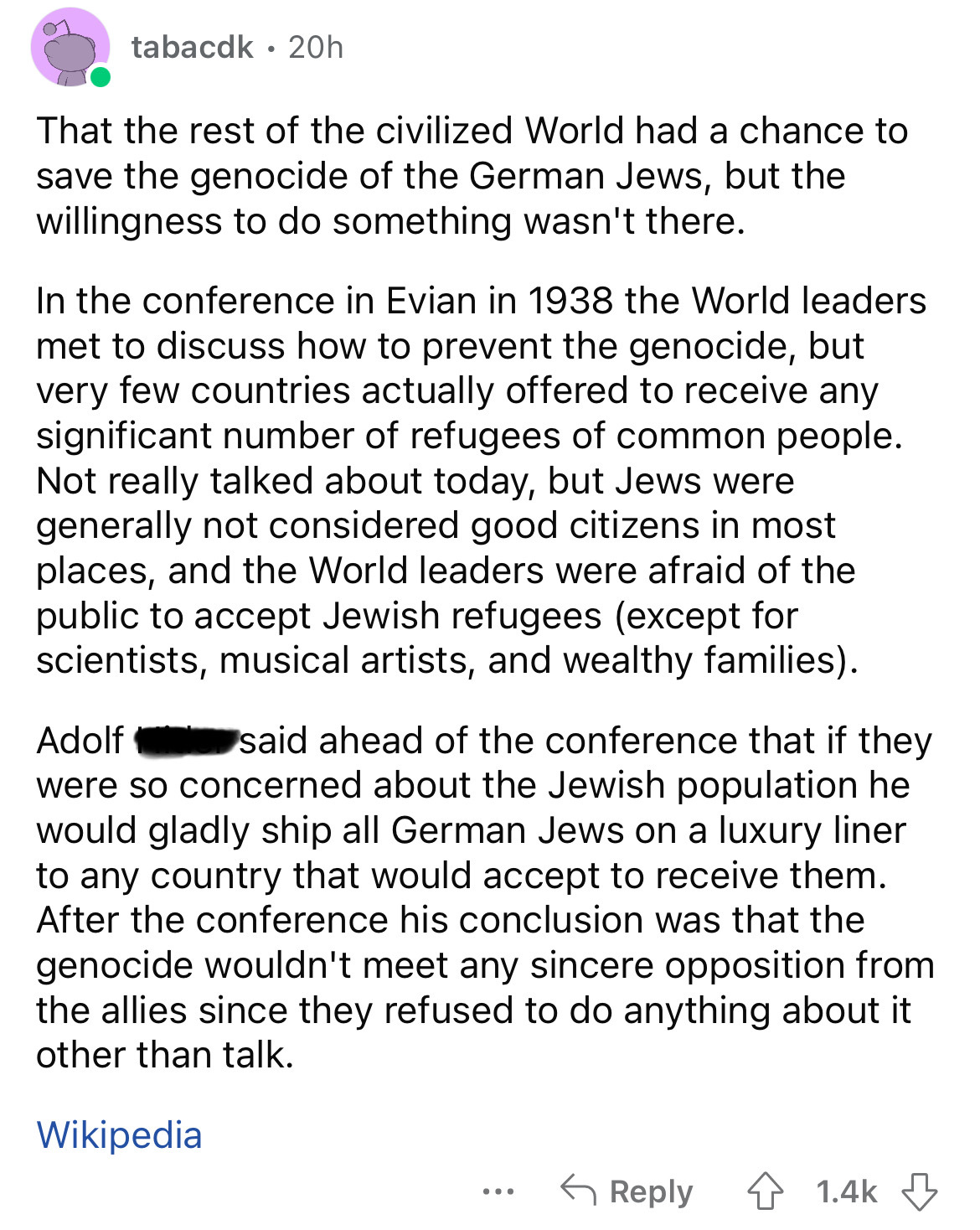 document - tabacdk 20h That the rest of the civilized World had a chance to save the genocide of the German Jews, but the willingness to do something wasn't there. In the conference in Evian in 1938 the World leaders met to discuss how to prevent the geno