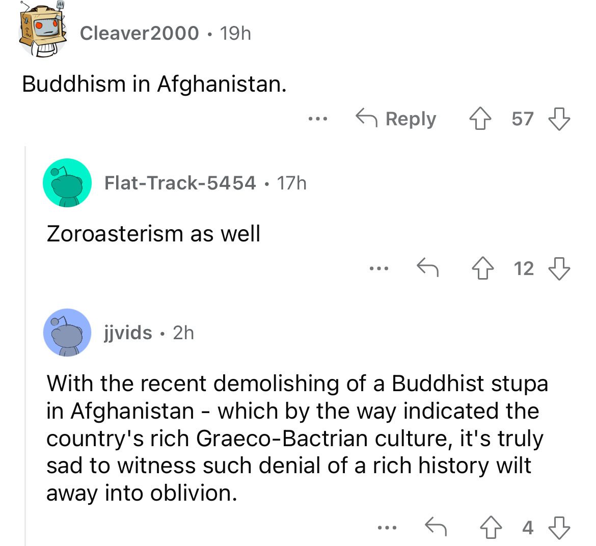 angle - Cleaver 2000 19h Buddhism in Afghanistan. FlatTrack5454 17h Zoroasterism as well ... ... 57 412 jjvids. 2h With the recent demolishing of a Buddhist stupa in Afghanistan which by the way indicated the country's rich GraecoBactrian culture, it's tr