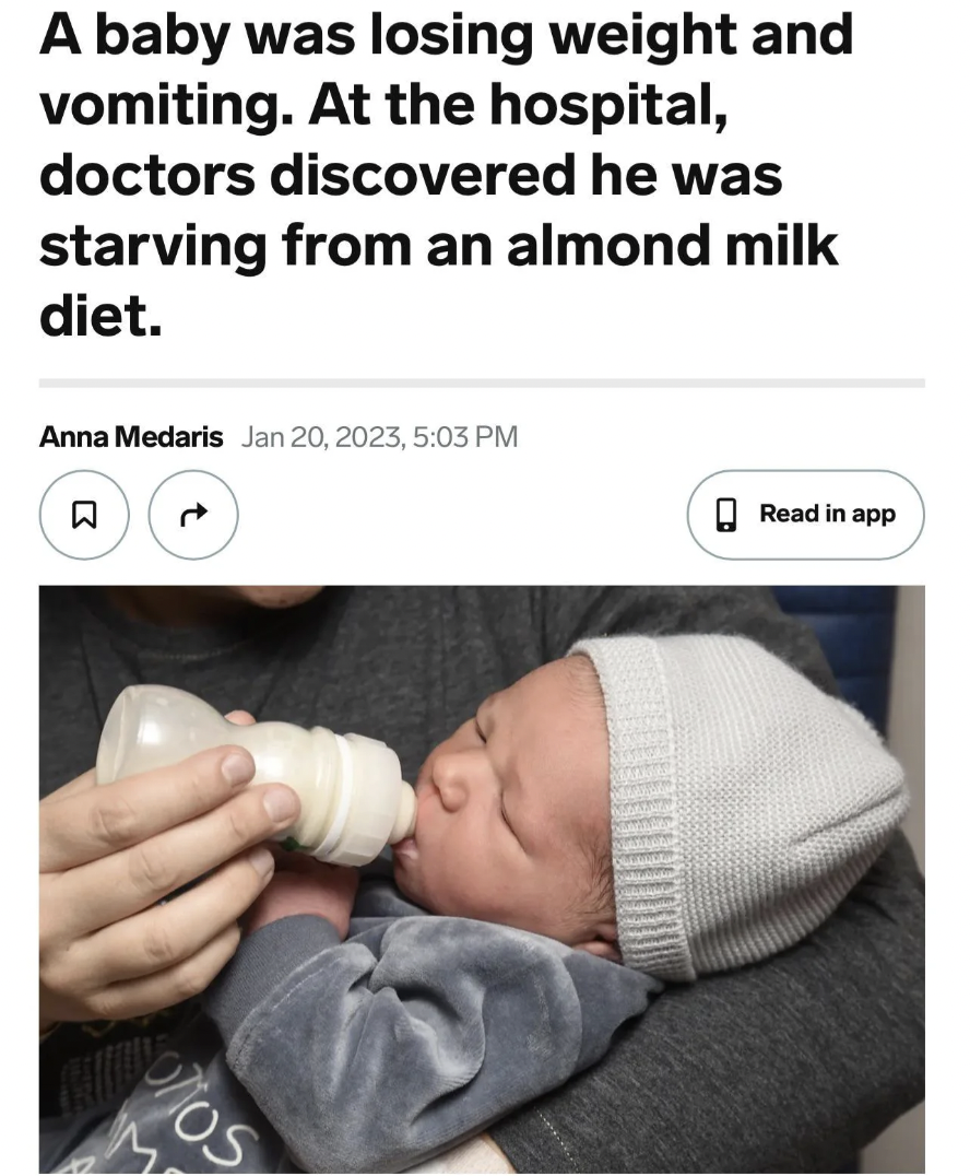 meme vegan baby - A baby was losing weight and vomiting. At the hospital, doctors discovered he was starving from an almond milk diet. Anna Medaris , Cell Solo Read in app