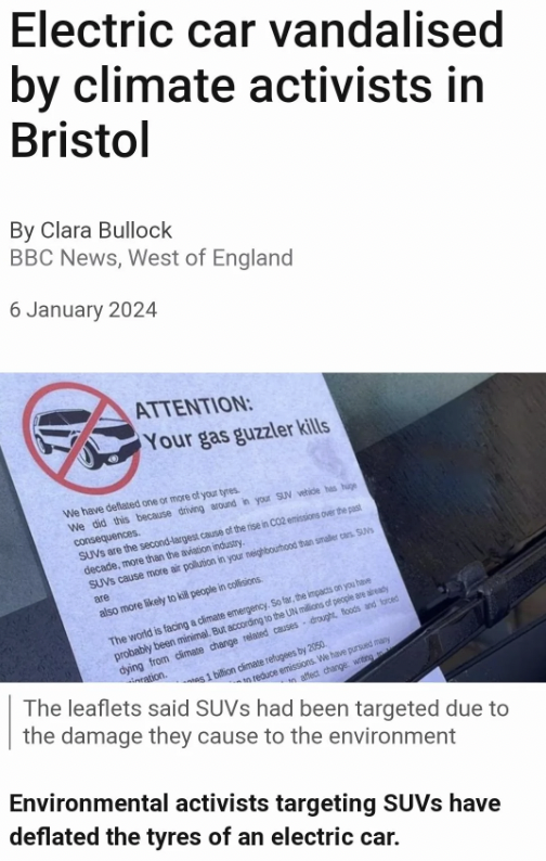 material - Electric car vandalised by climate activists in Bristol By Clara Bullock Bbc News, West of England Attention Your gas guzzler kills wwwave Wed capaces Sun ww beca Suv the edge of d states ne powy The world a facing de probably teen dying to cha