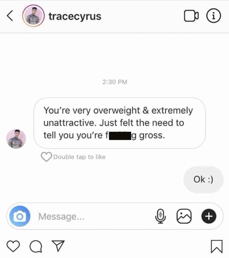 multimedia - tracecyrus You're very overweight & extremely unattractive. Just felt the need to tell you you're f g gross. Double tap to Message... 0 i Ok