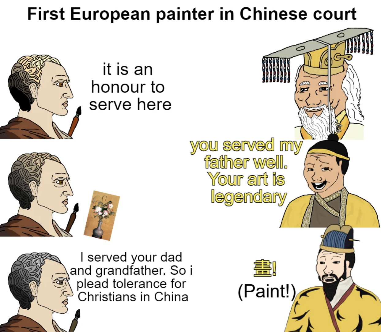 cartoon - First European painter in Chinese court it is an honour to serve here you served my father well. Your art is legendary I served your dad and grandfather. So i plead tolerance for Christians in China Paint!