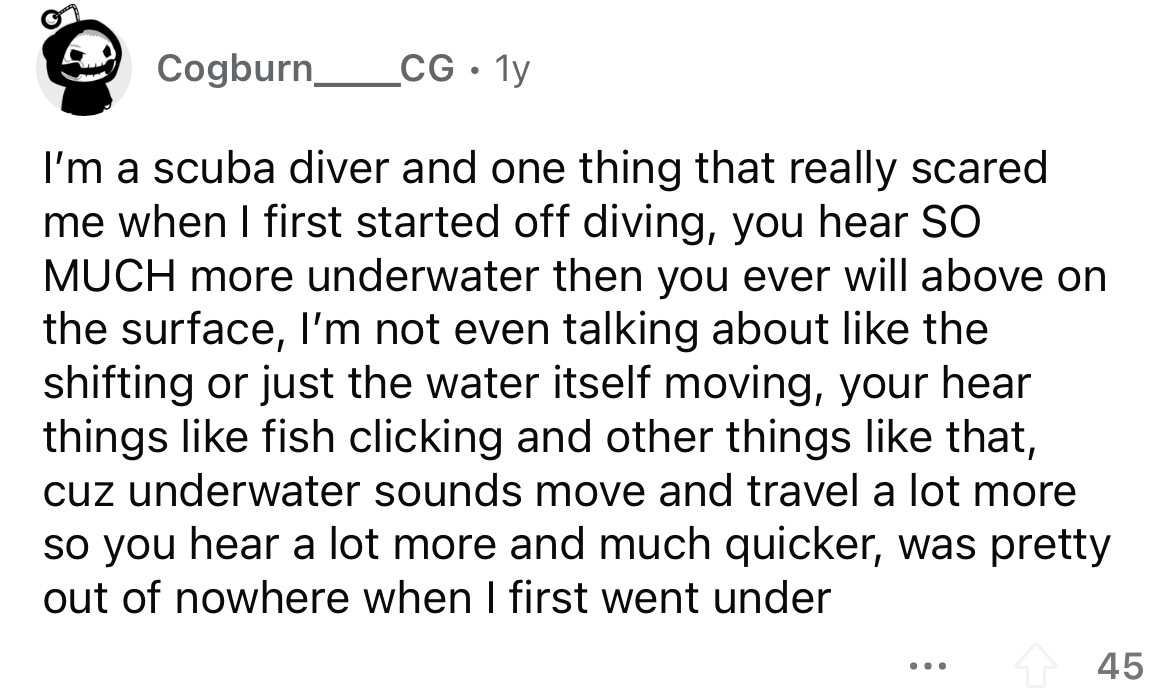 document - Cogburn_ Cg. 1y I'm a scuba diver and one thing that really scared me when I first started off diving, you hear So Much more underwater then you ever will above on the surface, I'm not even talking about the shifting or just the water itself mo