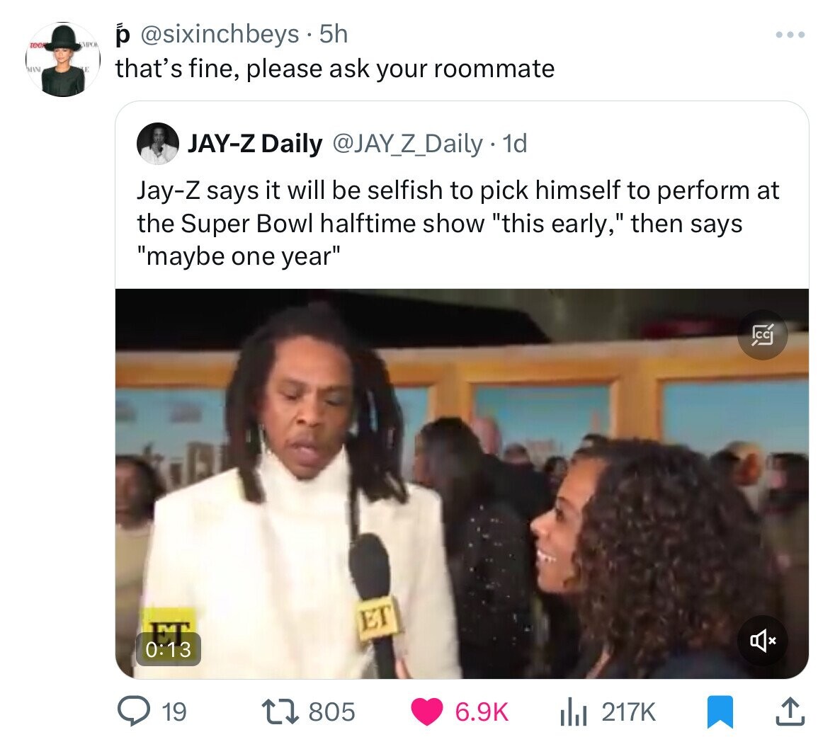 presentation - tee Man Mpok p. 5h that's fine, please ask your roommate JayZ Daily 1d JayZ says it will be selfish to pick himself to perform at the Super Bowl halftime show