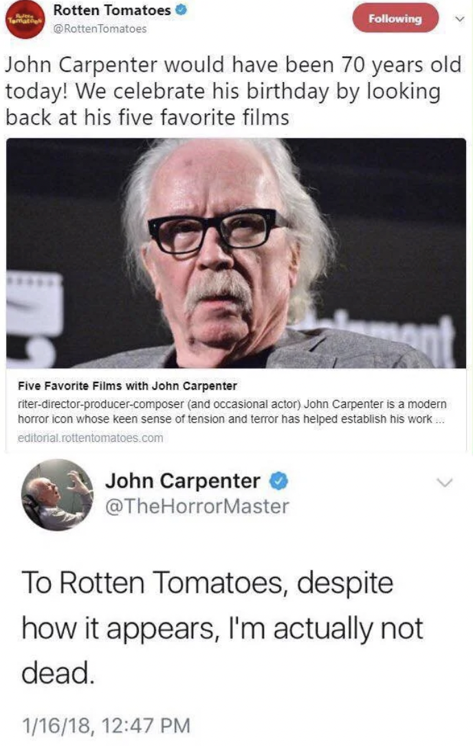 meme best of 2020 - Ligil Rotten Tomatoes Rotten Tomatoes ing John Carpenter would have been 70 years old today! We celebrate his birthday by looking back at his five favorite films Five Favorite Films with John Carpenter riterdirectorproducercomposer and